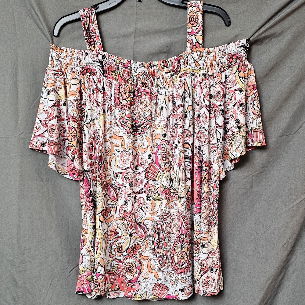 Susan Graver Pink and Orange Floral Off-Shoulder Blouse